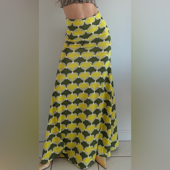 Lularoe Maxi Skirt Retro Style Geometric Print Yellow Green Fits XS S M - Picture 4 of 6